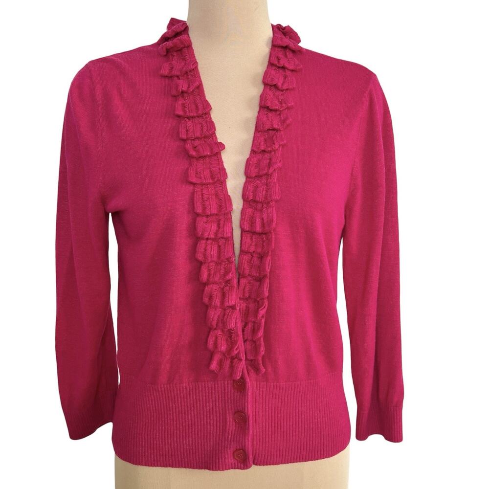 Jones New York Ruffle Trim Cardigan Size Large Linen Blend Pink Sweater Retro